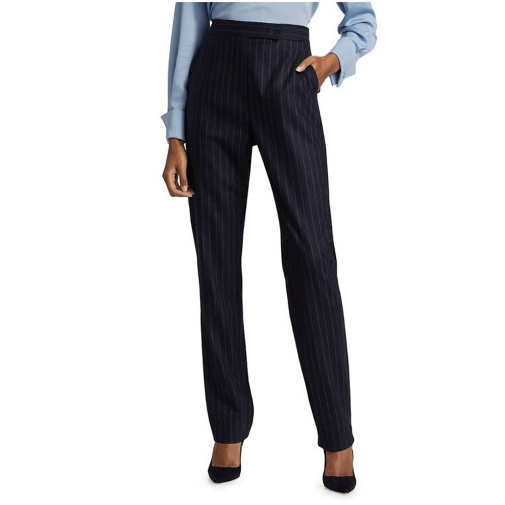 Max Mara Blue Pinstripe Pants Trousers Luxury Career Minimalist Tailored Wool